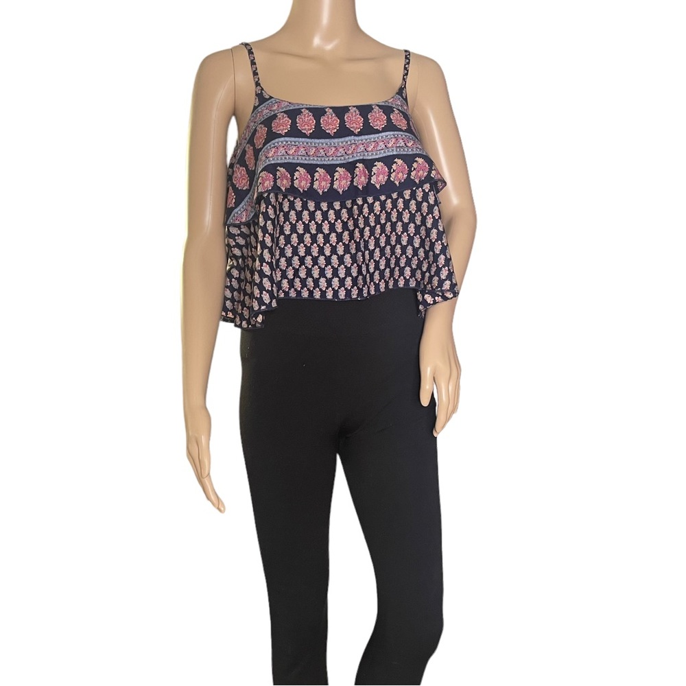 RAGAxAnthropoligie  Navy Floral Crop Top with Tiered Ruffled Overlay  Size S